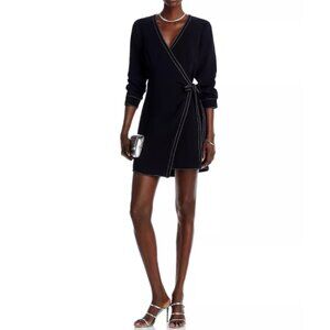 CINQ À SEPT 'Chelsea' Ruched-Sleeve Wrap-Front Mini-Dress, Black/Ivory